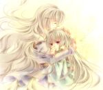  2girls circlet closed_eyes comforting deirdre_(fire_emblem) dress fire_emblem fire_emblem:_genealogy_of_the_holy_war grey_hair hand_on_another&#039;s_head hug julia_(fire_emblem) long_hair mio_(yumehikou) mother_and_daughter multiple_girls parent_and_child purple_eyes simple_background 