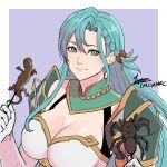  1girl aqua_hair armor braid breasts chloe_(fire_emblem) cleavage cm_lynarc fire_emblem fire_emblem_engage food gloves green_eyes hair_between_eyes holding holding_food large_breasts long_hair looking_at_viewer shoulder_armor smile solo upper_body very_long_hair white_gloves 
