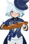  1girl ascot baguette black_ascot black_gloves blue_brooch blue_eyes blue_hair blue_headwear blue_jacket blush bread flasso food furina_(genshin_impact) genshin_impact gloves hair_between_eyes hair_over_one_eye hat highres holding holding_food jacket light_blue_hair long_hair long_sleeves looking_at_viewer multicolored_hair open_clothes open_jacket open_mouth shorts simple_background smile solo standing streaked_hair top_hat white_background white_gloves white_shorts 