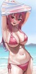  1girl :d absurdres armpits arms_up azur_lane bikini blurry blurry_background blush breasts bremerton_(azur_lane) cleavage grey_hair highres large_breasts long_hair looking_at_viewer mole mole_on_breast mole_under_eye multicolored_hair navel open_mouth outdoors pink_bikini pink_hair red_eyes shocho side-tie_bikini_bottom smile solo stomach streaked_hair swimsuit underboob wet 