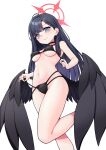  1girl adjusting_clothes adjusting_swimsuit alternate_costume armpit_crease ass bangs bikini black_bikini black_hair black_wings blue_archive blunt_bangs breasts choker chuo8008 cleavage commentary_request feathered_wings from_below grey_eyes groin hair_ornament hairclip halo highres ichika_(blue_archive) long_hair looking_at_viewer looking_down medium_breasts navel parted_bangs sidelocks simple_background sleeveless solo standing standing_on_one_leg stomach swimsuit white_background wings 