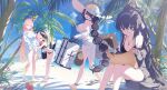  &gt;o&lt; 4girls ^_^ bag bikini black_bikini blue_archive closed_eyes glasses halo hanako_(blue_archive) hanako_(swimsuit)_(blue_archive) hat hennnachoco highres hinata_(blue_archive) hinata_(swimsuit)_(blue_archive) holding holding_bag koharu_(blue_archive) koharu_(swimsuit)_(blue_archive) multiple_girls official_alternate_costume one-piece_swimsuit outdoors oversized_clothes oversized_shirt palm_tree shirt straw_hat swimsuit tree ui_(blue_archive) ui_(swimsuit)_(blue_archive) white_one-piece_swimsuit white_shirt 