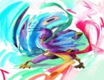  anthro avian avian_feet beak biped bird blue_body clothing dancing dress eyes_closed feathered_crest feathered_wings feathers galliform gyro_feather head_crest hi_res male peafowl phasianid pink_body scarf tail_feathers tompossum winged_arms wings 