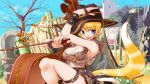  1girl :d adjusting_clothes adjusting_headwear belt blonde_hair blue_eyes bow_(music) breasts brown_headwear brown_shirt cello cleavage covered_wagon crop_top day instrument large_breasts looking_at_viewer mugen_no_fantasia official_art outdoors shirt sitting smile solo spiral_staircase stairs tail thigh_strap tree wagon 
