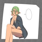  1girl bare_legs blank_speech_bubble closed_mouth crossed_legs elf english_commentary glasses green_eyes green_hair hair_between_eyes hand_on_own_chin highres laddieo pointy_ears ryuu_to_yuusha_to_haitatsunin semi-rimless_eyewear simple_background sitting solo speech_bubble under-rim_eyewear yoshida_(ryuu_to_yuusha_to_haitatsunin) 