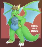  ambiguous_gender anthro big_ears big_tail chest_tuft claws dragon fluffy fluffy_tail grin hair hands_on_hips heterochromia hi_res honky_kat horn membrane_(anatomy) membranous_wings scaled_belly smile snout solo standing tail toe_claws tuft wings 