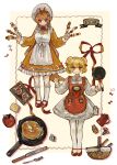  2girls :t alternate_costume animal_ears apple apron arknights arms_up bear_ears bear_girl blonde_hair blue_bow bonnet border bow butter candy candy_hair_ornament ceobe_(arknights) clenched_hand commentary cup dog_ears dog_girl dog_tail dress english_text food food-themed_hair_ornament fork fruit frying_pan gummy_(arknights) hair_bow hair_ornament hairclip highres holding holding_food holding_frying_pan inset_border kneehighs knife lolita_fashion long_sleeves mary_janes multiple_girls mushroom napkin orange_dress pancake pantyhose picnic_basket pomopomoinu red_apron red_bow red_eyes red_footwear shoes simple_background skewer socks striped striped_bow sweet_lolita tail teacup teapot white_apron white_bow white_dress white_headwear white_pantyhose white_socks yellow_background 