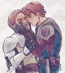  2boys anakin_skywalker beard blonde_hair blush brown_hair energy_sword facial_hair galactic_republic gloves highres imminent_kiss jedi lightsaber male_focus multiple_boys obi-wan_kenobi simple_background star_wars star_wars:_the_clone_wars sword teeth upper_teeth_only weapon yaoi yukimdisot 