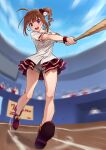  1girl ahoge baseball_bat blue_sky boots brown_hair drill_hair highres holding holding_baseball_bat idolmaster idolmaster_million_live! idolmaster_million_live!_theater_days kamille_(vcx68) long_hair looking_at_viewer open_mouth purple_eyes red_footwear shirt short_shorts short_sleeves shorts side_drill sky smile solo white_shirt white_shorts yokoyama_nao 