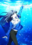  1girl :o absurdres black_pants blue_eyes blue_jacket blue_shirt blue_theme breasts brown_hair bubble cleavage english_commentary floating_hair highres jacket kjus6668 looking_at_viewer medium_breasts open_hand original pants shirt solo underwater walking 