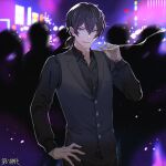  1boy arm_tattoo black_hair black_pants black_shirt blue_eyes cigarette copyright_name dairoku_ryouhei grey_vest hand_on_hip hatorihatelier holding holding_cigarette long_sleeves male_focus night outdoors pants ponytail shirt silhouette smoking tattoo vest 