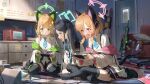  3girls animal_ear_headphones animal_ears aris_(blue_archive) assault_rifle battle_rifle black_hair black_jacket black_shorts black_skirt black_thighhighs blonde_hair blue_archive blue_necktie blunt_bangs blush bow cat_ear_headphones cat_tail collared_shirt commentary dress_shirt fake_animal_ears fake_tail green_bow green_eyes green_halo grenade_launcher gun h&amp;k_g3 hair_bow halo handheld_game_console headphones highres holding holding_handheld_game_console indian_style indoors jacket jacket_partially_removed long_hair long_sleeves low_tied_sidelocks m320 midori_(blue_archive) miniskirt momoi_(blue_archive) mr.lime multiple_girls necktie nintendo_switch no_shoes on_floor one_side_up open_mouth pink_bow pink_halo playing_games railgun rifle shirt short_hair short_necktie short_shorts shorts siblings sideways_mouth sisters sitting skirt sniper_rifle soles sparkle suspender_skirt suspenders symbol-only_commentary tail teeth thighhighs toes twins upper_teeth_only very_long_hair wariza weapon white_shirt wide_sleeves 