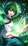  1girl antennae aura black_cape black_pants cape fireflies frilled_sleeves frills green_eyes green_hair long_sleeves midriff_peek night night_sky official_art open_mouth outstretched_hand pants shirt short_hair sky smile star_(sky) teeth touhou touhou_cannonball tree tsukimoto_aoi upper_teeth_only v-shaped_eyebrows white_shirt wriggle_nightbug 