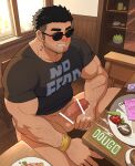  1boy arm_hair bar_censor bara beard_stubble black_hair bottomless censored cum cum_on_hands erection feet_out_of_frame food from_above grin hand_hair highres ho_tdoug huge_eyebrows large_pectorals looking_at_viewer lucas_lee male_focus muscular muscular_male number_tattoo pectorals penis pubic_hair scott_pilgrim_takes_off shirt short_hair short_sleeves sitting smile solo sparse_pubic_hair sunglasses t-shirt tattoo tight_clothes tight_shirt 