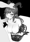  1boy 1girl ally_kirser artist_name bare_shoulders brassica breasts cleavage collarbone commission dragon_girl dragon_horns fellatio greyscale hand_on_another&#039;s_head highres horns indie_virtual_youtuber kneeling large_breasts long_eyelashes long_hair monochrome nipples oral penis skirt thigh_strap thighhighs topless vambraces veins veiny_penis 