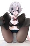  1girl :p absurdres arlecchino_(genshin_impact) bags_under_eyes black_bra black_hair bra breasts clothes_lift feet foot_focus genshin_impact grey_hair hair_between_eyes highres legs_up looking_at_viewer medium_breasts multicolored_hair nagata_gata no_shoes panties panties_under_pantyhose pantyhose simple_background sitting skirt skirt_lift solo streaked_hair tongue tongue_out underwear white_background white_panties 