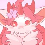  1:1 2020 accessory ambiguous_form blush cheek_tuft cloudyiki dragon facial_tuft fangs female flower flower_in_hair fur furred_dragon hair hair_accessory headshot_portrait horn kemono looking_at_viewer neck_tuft orange_eyes orange_inner_ear pink_background pink_flower plant portrait red_eyes red_hair red_horn red_sclera simple_background smile solo tan_body tan_ears tan_fur teeth tuft 