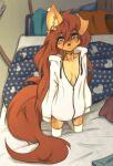  absurd_res anthro apogee_(tinygaypirate) bed bed_covers bed_sheet bedding braless breasts brown_eyes brown_hair canid canine canis clothed clothing domestic_dog ear_flop ear_piercing eye_piercing female furniture hair hi_res high-angle_view hoodie inner_ear_fluff kneeling leg_tattoo legwear long_hair long_tail looking_at_viewer mammal no_bra_under_clothes on_bed piercing pillow solo tail tan_body tattoo thigh_highs thigh_tattoo tinygaypirate topwear tuft 