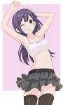  1girl ;) ;p absurdres armpits arms_up bangs bare_shoulders black_hair black_skirt black_thighhighs blunt_bangs breasts brown_eyes cleavage collarbone commentary_request frilled_skirt frills hair_between_eyes highres long_hair looking_at_viewer miniskirt navel one_eye_closed original rinshi sidelocks simple_background skirt sleeveless smile solo spaghetti_strap stomach thighhighs tongue tongue_out two-tone_background zettai_ryouiki 