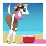  anthro beach big_breasts breasts canid canine canis cleavage clothed clothing domestic_dog female hanging_breasts hat headgear headwear hi_res mammal mati_(matixcs) matixcs one-piece_swimsuit seaside small_waist solo swimwear tail thick_thighs wide_hips 