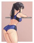  1girl absurdres against_railing alternate_costume alternate_hairstyle ass black_hair blue_buruma blue_sports_bra border breasts buruma english_commentary highres inoue_takina kurofuro long_hair lycoris_recoil medium_breasts ponytail railing sideboob solo sports_bra sweat white_border 