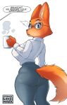  2023 absurd_res anthro big_breasts bottomwear breasts butt canid canine clothing coffee_cup container cup dialogue diane_foxington dipstick_tail dreamworks eyebrow_piercing eyebrows eyelashes eyewear facial_piercing female fox fur glasses green_eyes hi_res inner_ear_fluff mammal markings no_pupils offscreen_character orange_body orange_fur pants piercing pink_nose shirt side_boob solo spongebandimark tail tail_markings tan_body tan_fur the_bad_guys topwear tuft 