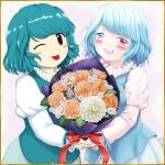  2girls :d ;q artist_request blue_eyes blue_hair blue_vest blush bouquet collaboration commentary_request dual_persona heterochromia highres holding holding_bouquet juliet_sleeves long_sleeves looking_at_viewer multiple_girls one_eye_closed open_mouth parasite_oyatsu puffy_sleeves red_eyes short_hair smile tatara_kogasa tongue tongue_out touhou vest zun_(style) 