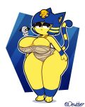  ambiguous_gender animal_crossing ankha_(animal_crossing) anthro bandage big_breasts big_butt blue_hair breasts butt canid canine canis cleavage clothed clothing dewy-eyedboy domestic_cat domestic_dog duo felid feline felis female frown fur hair hand_on_hip huge_breasts huge_butt huge_thighs looking_at_viewer mammal markings narrowed_eyes nintendo signature standing striped_markings striped_tail stripes tail tail_markings text thick_thighs unknown_character wrappings yellow_body yellow_fur 