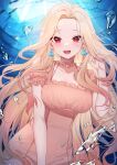  1girl absurdres air_bubble blonde_hair blush breasts bubble collar deogho_(liujinzy9854) dress earrings highres jewelry large_breasts long_hair looking_at_viewer multicolored_hair open_mouth orange_dress original pink_hair red_eyes smile solo submerged two-tone_hair underwater 