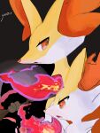  2others animal_ear_fluff animal_ears animal_nose artist_name black_background blush body_fur braixen commentary delphox fang fire fox_ears furry hand_up highres holding holding_stick looking_at_viewer looking_to_the_side multiple_others neck_fur open_mouth other_focus pokemon pokemon_(creature) pyrokinesis red_eyes signature simple_background skin_fang snout stick two-tone_fur white_fur yellow_fur zen_(koko) 
