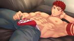  1boy abs arm_behind_head arm_tattoo armpits bara black_pants bulge collaboration couch covered_penis derek_kingsfield highres indoors jock_studio_(blits_games) lying male_focus male_underwear mikkoukun muscular muscular_male nipples non-web_source on_couch pants pectorals red_hair red_male_underwear short_hair solo tattoo topless_male underwear zamius 