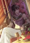  1boy abs arjuna_(fate) bare_arms black_eyes black_hair closed_mouth cup dark-skinned_male dark_skin fate/grand_order fate_(series) fruit_bowl iketsumi jewelry muscular muscular_male necklace pants see-through sitting solo throne white_pants 