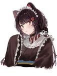  1girl animal_ears black_collar brown_hair brown_kimono collar dog_ears flower frilled_sleeves frills hair_flower hair_ornament heterochromia highres inui_toko inui_toko_(1st_costume) japanese_clothes kimono long_hair low_twintails maid maid_headdress matsumomo_(mamama_tomo) nijisanji red_eyes red_flower simple_background sleeves_past_fingers sleeves_past_wrists solo swept_bangs twintails virtual_youtuber wa_maid white_background wide_sleeves yellow_eyes 