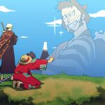  3boys black_hair closed_mouth cloud cloudy_sky day facial_hair fur_hat goatee grin hat hat_removed headwear_removed katana kinemon kneeling male_focus monkey_d._luffy mountain multiple_boys obobkkp one_piece outdoors sandals short_hair sideburns sky smile standing straw_hat sword teeth topknot trafalgar_law weapon 