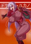  1girl absurdres armored_boots armored_gloves boots breasts character_name covered_nipples dragon_yukano highres huge_breasts long_hair looking_at_viewer ninja ninja_slayer open_mouth purple_eyes purple_hair red_scarf scarf solo teeth tongue vambraces yoshitsuki 