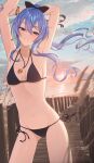  1girl absurdres arm_up armpits arms_up beach bikini black_bikini blue_eyes blue_hair blue_nails blue_sky blurry bow bracelet breasts cloud collarbone depth_of_field earrings evening floating_hair grin hair_bow hair_ribbon high_ponytail highres holding_own_arm hololive hoshimachi_suisei jewelry long_hair looking_at_viewer navel necklace outdoors pendant ramp ribbon rope side-tie_bikini_bottom sky small_breasts smile solo standing star_(symbol) star_earrings stomach sunset swimsuit virtual_youtuber weeds wood wooden_railing yozora_(1wkdgusdn) 