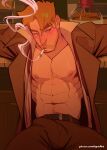  1boy abs absurdres bara belt black_belt black_pants blonde_hair brown_coat cigarette coat collared_shirt dc_comics highres john_constantine large_pectorals male_focus muscular muscular_male navel nipples nyuudles open_clothes open_coat open_shirt pants patreon_username pectorals shirt short_hair smoking solo textless_version white_shirt 