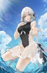  1girl absurdres bare_arms bare_shoulders black_one-piece_swimsuit blue_eyes cloud flantia gradient_eyes grey_hair hair_ornament highres liv:_luminance_(puella_subnautica)_(punishing:_gray_raven) liv:_luminance_(punishing:_gray_raven) liv_(punishing:_gray_raven) looking_at_viewer medium_hair multicolored_eyes ocean one-piece_swimsuit open_mouth punishing:_gray_raven purple_eyes see-through_swimsuit sidelocks sky solo swimsuit teeth upper_teeth_only 
