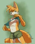  anthro artolius bottomwear bulge canid canine clothed clothing enlisentity fox genital_outline hi_res looking_at_viewer male mammal miles_prower nipples penis_outline sega shirt shorts solo sonic_the_hedgehog_(series) tank_top tank_top_lift topwear 