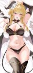  1girl absurdres arm_up armpits black_panties black_thighhighs blonde_hair blush breasts bridal_gauntlets cleavage commentary_request demon_girl demon_horns demon_tail flower genshin_impact hair_flower hair_ornament highres horns large_breasts looking_at_viewer lumine_(genshin_impact) lying navel on_back open_mouth panties revision shiben_(ugvu5784) solo stomach tail thighhighs thighs underwear wings yellow_eyes 