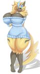  2023 absurd_res anthro aurora_(nbanoob) big_breasts blonde_hair blue_eyes blush breasts clothed clothing curvy_figure female flower generation_7_pokemon hair hand_on_breast hi_res huge_breasts kyodashiro legendary_pokemon looking_at_viewer nintendo open_mouth plant pokemon pokemon_(species) simple_background solo sweater tail thick_thighs topwear voluptuous white_background wide_hips zeraora 