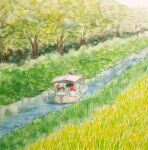  3boys boat bush forest grass multiple_boys naoy_watercolor nature original painting_(medium) plant reeds river riverbank scenery tall_grass traditional_media tree water watercolor_(medium) watercraft 