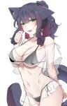  1girl animal_ear_fluff animal_ears arknights bare_shoulders bikini black_bikini black_hair blush breasts cat_ears cat_girl cat_tail cleavage collarbone cowboy_shot green_eyes highres jessica_(arknights) k0ng large_breasts long_hair multicolored_hair ponytail red_hair see-through sidelocks simple_background solo swimsuit tail two-tone_hair white_background 