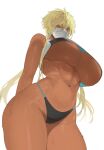  1girl alternate_costume bikini bleach blonde_hair breasts cowboy_shot dark-skinned_female dark_skin from_below gigantic_breasts green_eyes highres navel short_hair_with_long_locks simple_background solo swimsuit tier_harribel underboob wet white_background ze_(k4onozeda04) 