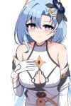  1girl absurdres bare_shoulders blue_hair breasts cleavage_cutout clothing_cutout collarbone commentary flower gloves griseo hair_flower hair_ornament hand_on_own_chest highres honkai_(series) honkai_impact_3rd large_breasts long_hair looking_at_viewer marin_liekuriva_(mmliku) purple_eyes simple_background smile solo upper_body white_background white_gloves 