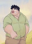  2023 anthro belly big_belly bottomwear clothing hi_res humanoid_hands kemono male mammal overweight overweight_male pants shirt solo suid suina sus_(pig) topwear whitebeast20 wild_boar 