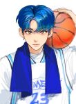  1boy basketball basketball_(object) basketball_uniform bishounen blue_hair blue_towel earrings facing_viewer highres jewelry looking_at_viewer male_focus meyou084 numbered on_shoulder original simple_background sportswear upper_body white_background 