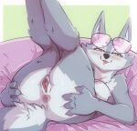  anthro anus black_nose black_pupils blue_body blue_fur blue_tail breasts butt canid canine canis countershading eyewear female fur genitals glasses illumination_entertainment looking_at_viewer mammal mcfli nipples nude paws porsha_crystal pupils pussy simple_background sing_(movie) solo tail thick_thighs tuft white_body white_countershading white_fur wolf yellow_eyes 