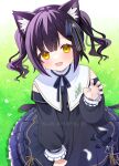  1girl animal_ear_fluff animal_ears black_dress cat_ears cat_tail commission copyright_request dress hair_ribbon long_sleeves mi_(taberu_tmg) purple_hair purple_nails ribbon skeb_commission solo tail twintails yellow_eyes 