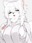  1girl animal_ears body_fur breasts furry furry_female grey_background half-closed_eyes highres large_breasts looking_at_viewer mofuaki open_mouth original purple_eyes simple_background solo sweater tail turtleneck turtleneck_sweater upper_body white_fur white_hair white_sweater 